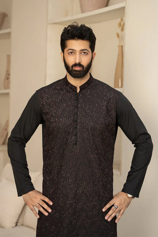 Picture of Fabrich - Men's Embroidered Unstitch Kameez Shalwar - Black - Available at Raja Sahib