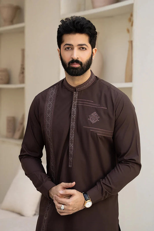 Picture of Fabrich - Men's Embroidered Unstitch Kameez Shalwar - Brown - Available at Raja Sahib