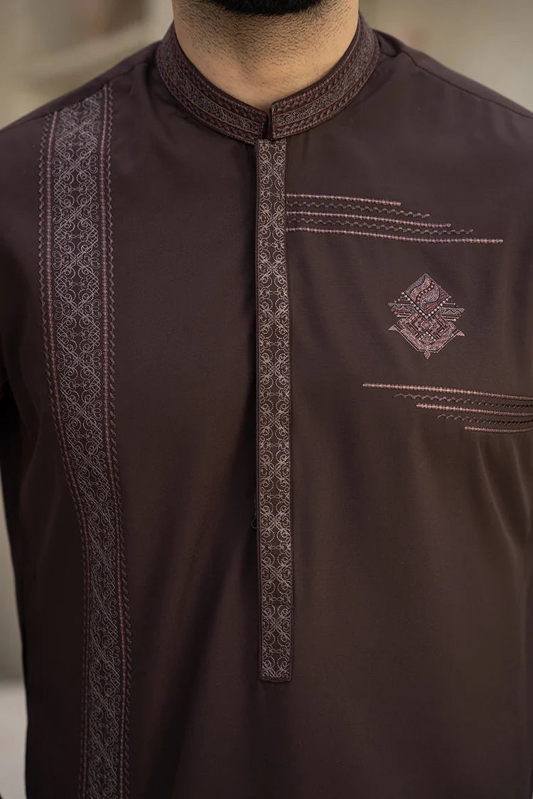 Picture of Fabrich - Men's Embroidered Unstitch Kameez Shalwar - Brown - Available at Raja Sahib