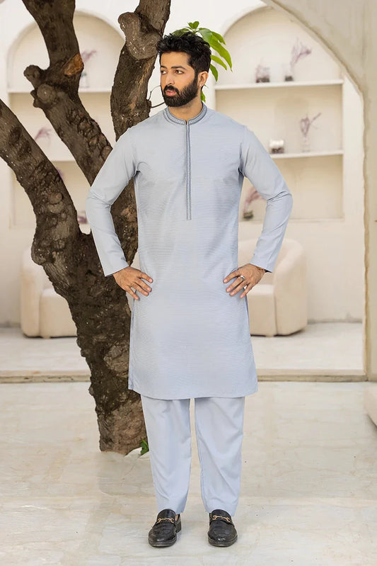 Picture of Fabrich - Men's Embroidered Unstitch Kameez Shalwar - Misty Blue - Available at Raja Sahib