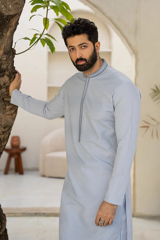 Picture of Fabrich - Men's Embroidered Unstitch Kameez Shalwar - Misty Blue - Available at Raja Sahib