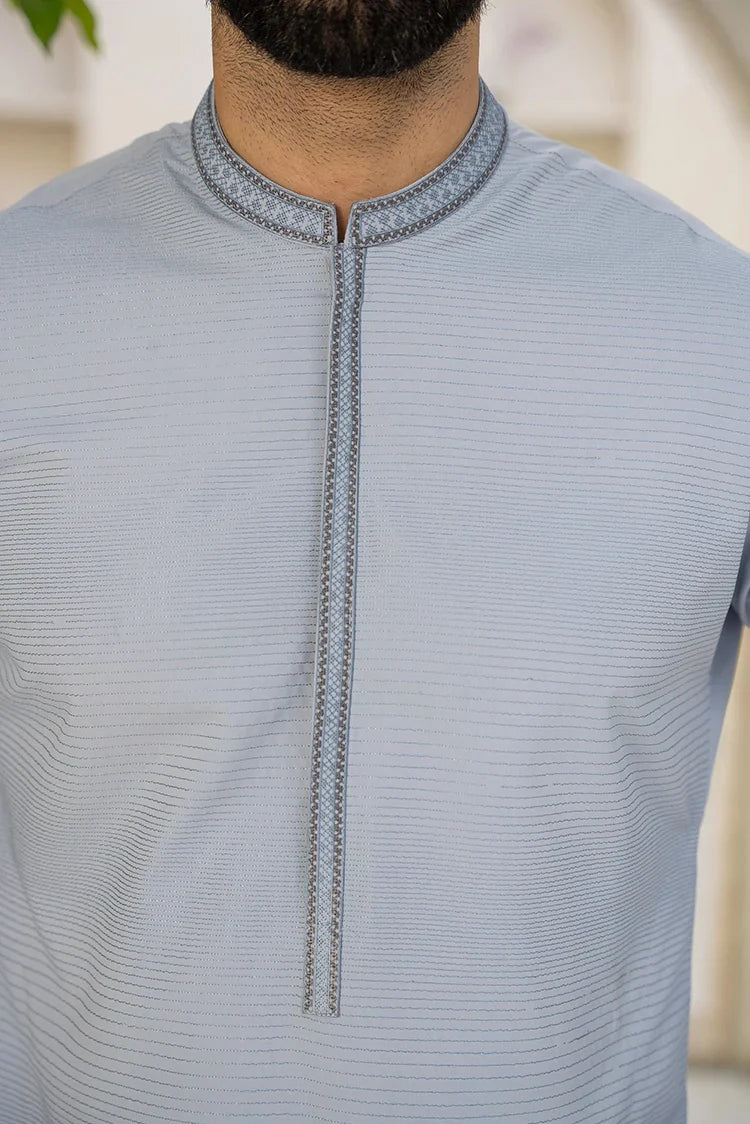 Picture of Fabrich - Men's Embroidered Unstitch Kameez Shalwar - Misty Blue - Available at Raja Sahib