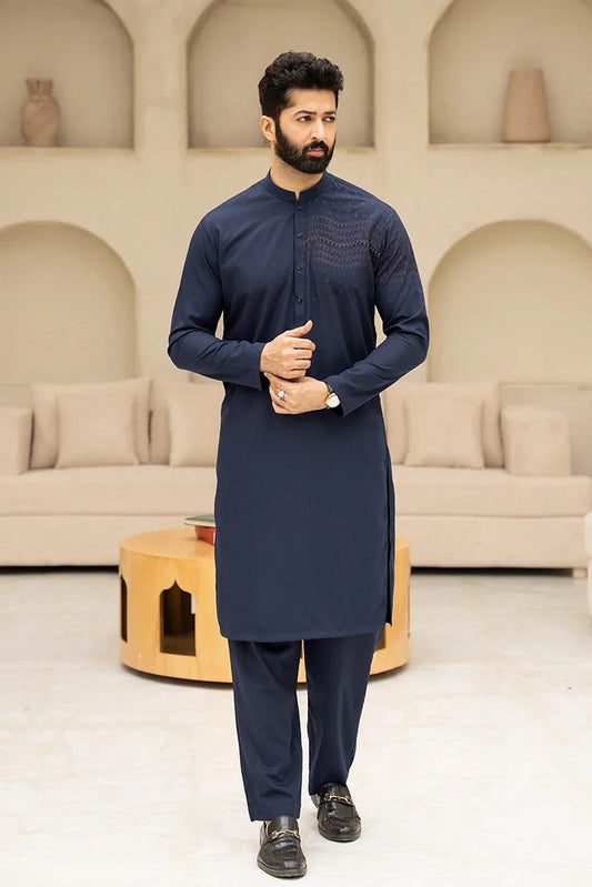 Picture of Fabrich - Men's Embroidered Unstitch Kameez Shalwar - Navy - Available at Raja Sahib