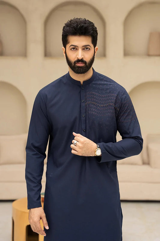 Picture of Fabrich - Men's Embroidered Unstitch Kameez Shalwar - Navy - Available at Raja Sahib