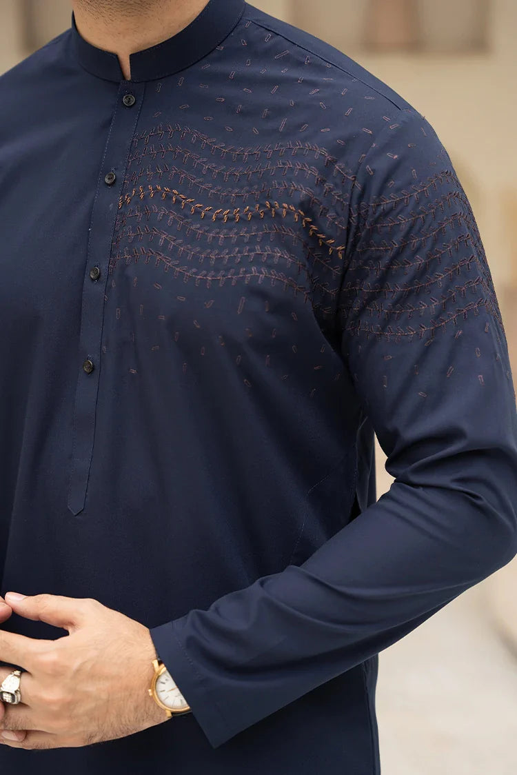 Picture of Fabrich - Men's Embroidered Unstitch Kameez Shalwar - Navy - Available at Raja Sahib