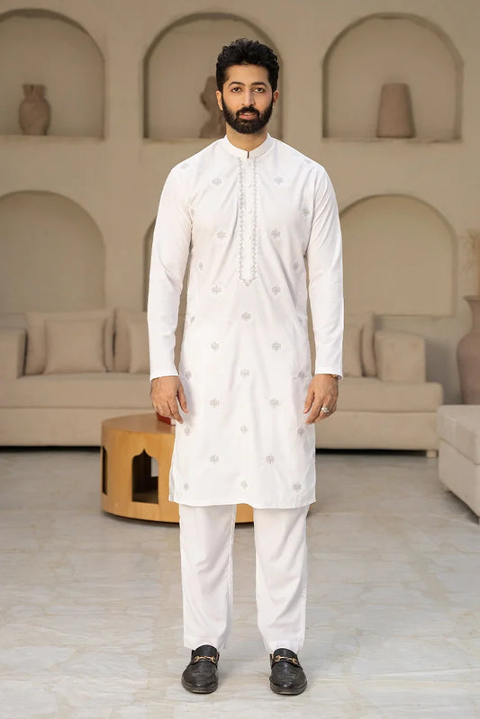 Picture of Fabrich - Men's Embroidered Unstitch Kameez Shalwar - Off White - Available at Raja Sahib