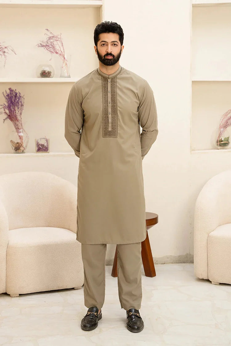 Picture of Fabrich - Men's Embroidered Unstitch Kameez Shalwar - Olive Khaki - Available at Raja Sahib