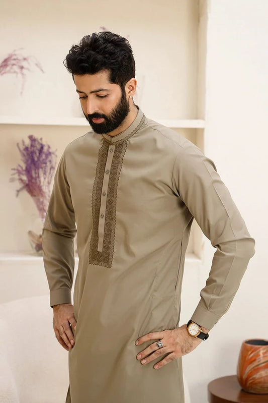 Picture of Fabrich - Men's Embroidered Unstitch Kameez Shalwar - Olive Khaki - Available at Raja Sahib