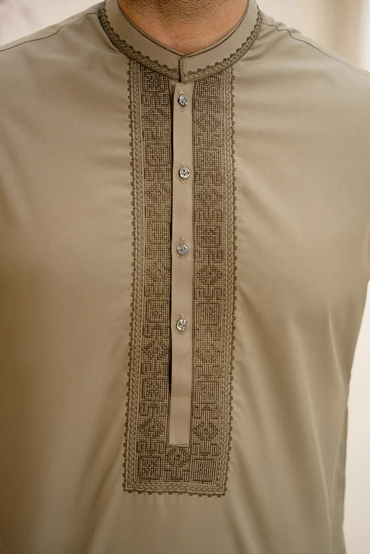 Picture of Fabrich - Men's Embroidered Unstitch Kameez Shalwar - Olive Khaki - Available at Raja Sahib