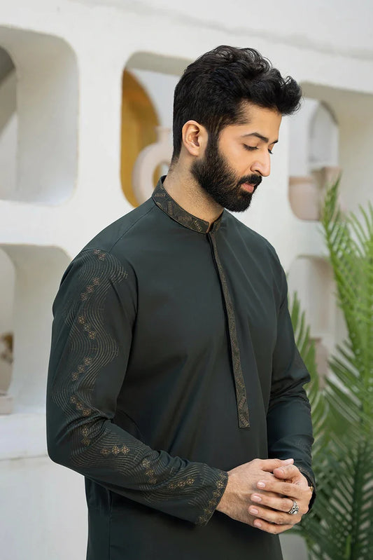 Picture of Fabrich - Men's Embroidered Unstitch Kameez Shalwar - Phthalo Green - Available at Raja Sahib