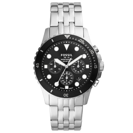 Picture of Fossil FB-01 Silver Stainless Steel Black Dial Chronograph Quartz Watch for Gents - FS5837 - Available at Raja Sahib