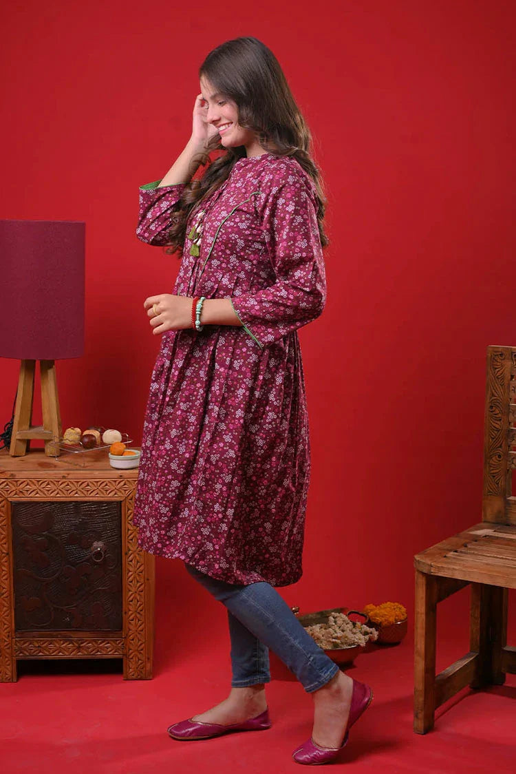 Picture of Senorita - Maroon & Multicolor - Casual Kurta - Cotton Lawn Printed - GAA-03271 - Available at Raja Sahib