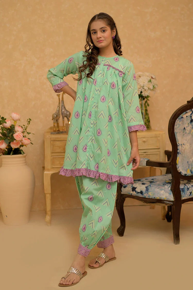 Picture of GAC-02818 | Light Green & Multicolor | Casual 2 Piece Suit | Cotton Dobby Print - Available at Raja Sahib