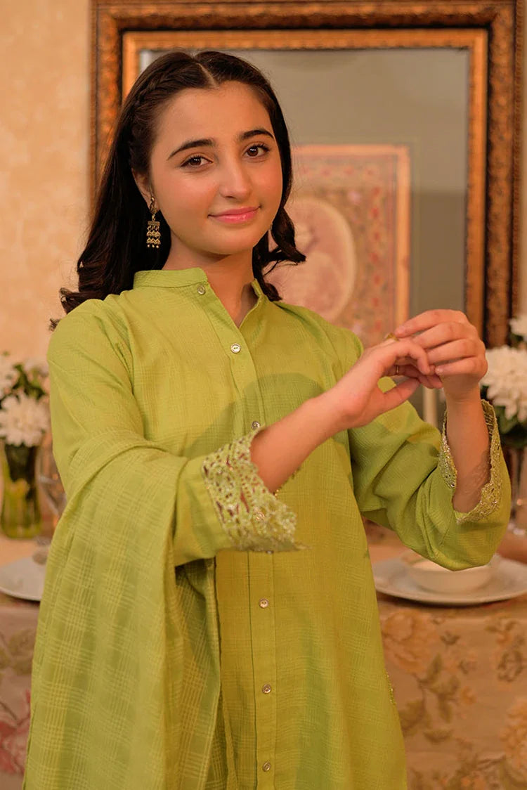 Picture of GAD-02908 | Parrot Green | Casual 3 Piece Suit | Cotton Self dobby - Available at Raja Sahib