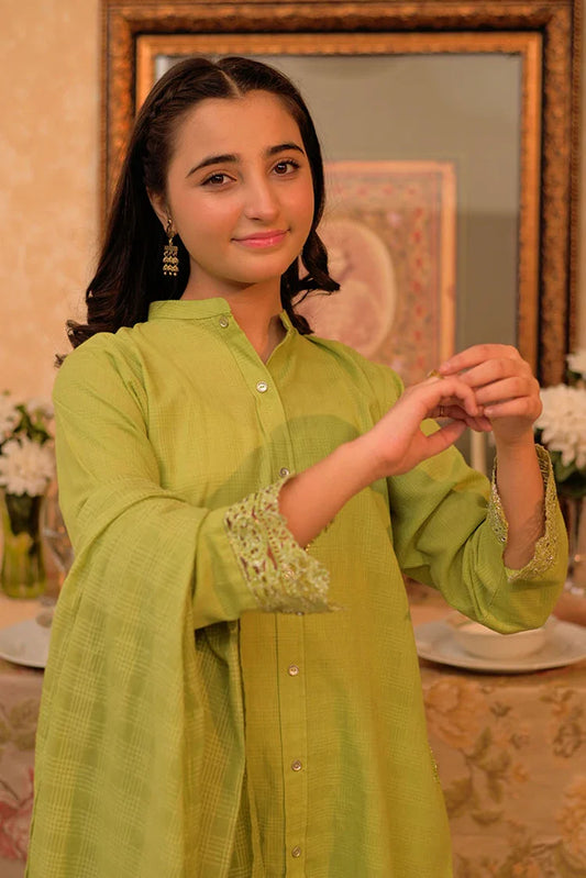 Picture of GAD-02908 | Parrot Green | Casual 3 Piece Suit | Cotton Self dobby - Available at Raja Sahib