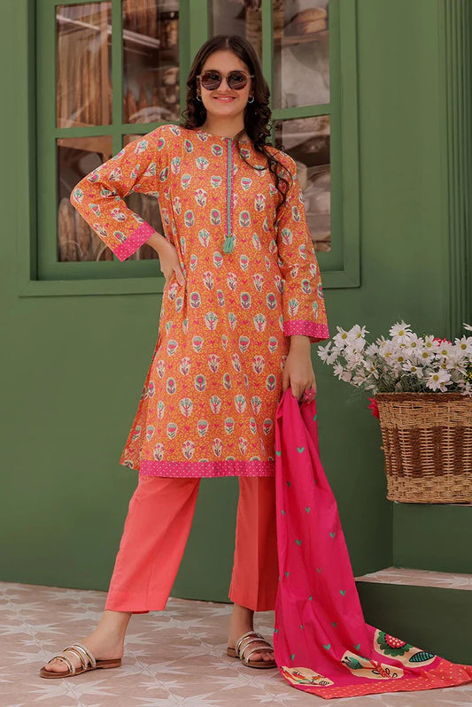 Picture of GAD-03044 | Peach & Multicolor | Casual 3 Piece Suit | Cotton Lawn Printed - Available at Raja Sahib
