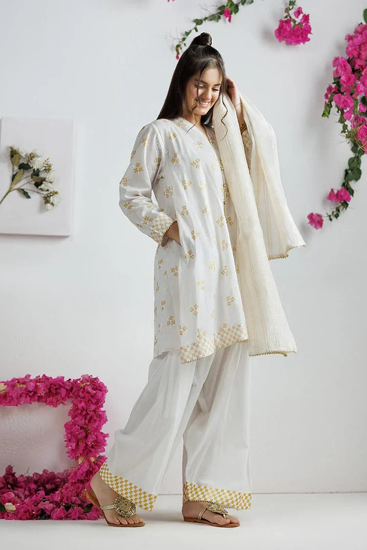 Picture of GAD-03134 | White & Gold | Casual 3 Piece Suit | Cotton Lawn Printed - Available at Raja Sahib