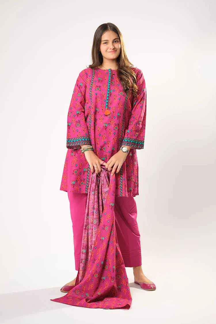 Picture of Girls winter clothes | Shocking Pink & Multicolor | Casual 3 Piece Suit | Cotton Khaddar Printed | GAD-03199 - Available at Raja Sahib