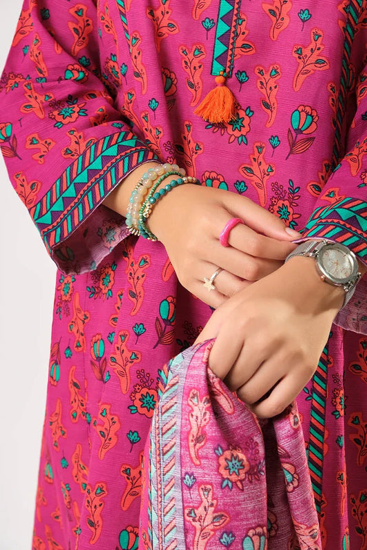 Picture of Girls winter clothes | Shocking Pink & Multicolor | Casual 3 Piece Suit | Cotton Khaddar Printed | GAD-03199 - Available at Raja Sahib