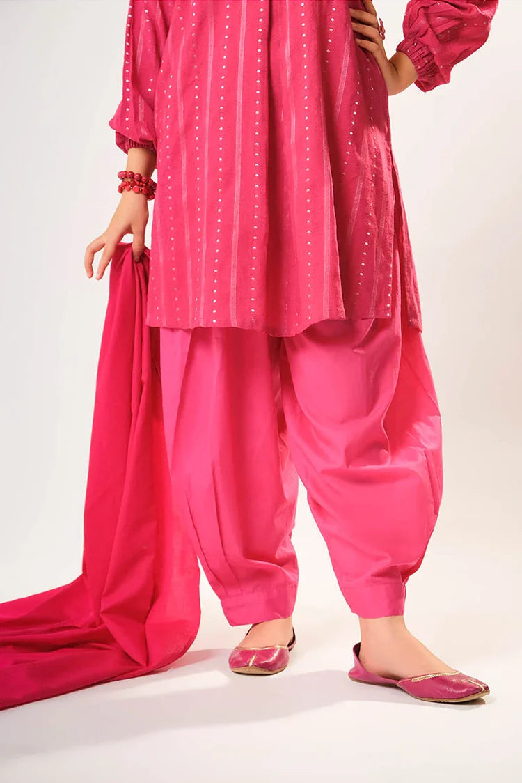 Picture of Girls winter clothes | S.Pink & Sliver | Casual 3 Piece Suit | Cotton Karandi Dobby | GAD-03213 - Available at Raja Sahib