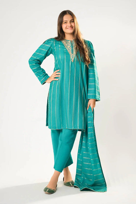 Picture of Girls winter clothes | Turquoise Green & Gold | Casual 3 Piece Suit | Cotton Karandi Dobby | GAD-03214 - Available at Raja Sahib