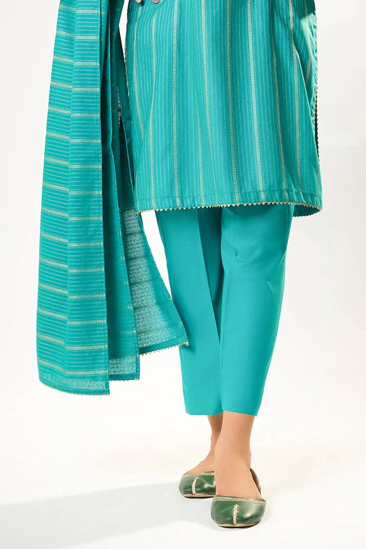 Picture of Girls winter clothes | Turquoise Green & Gold | Casual 3 Piece Suit | Cotton Karandi Dobby | GAD-03214 - Available at Raja Sahib