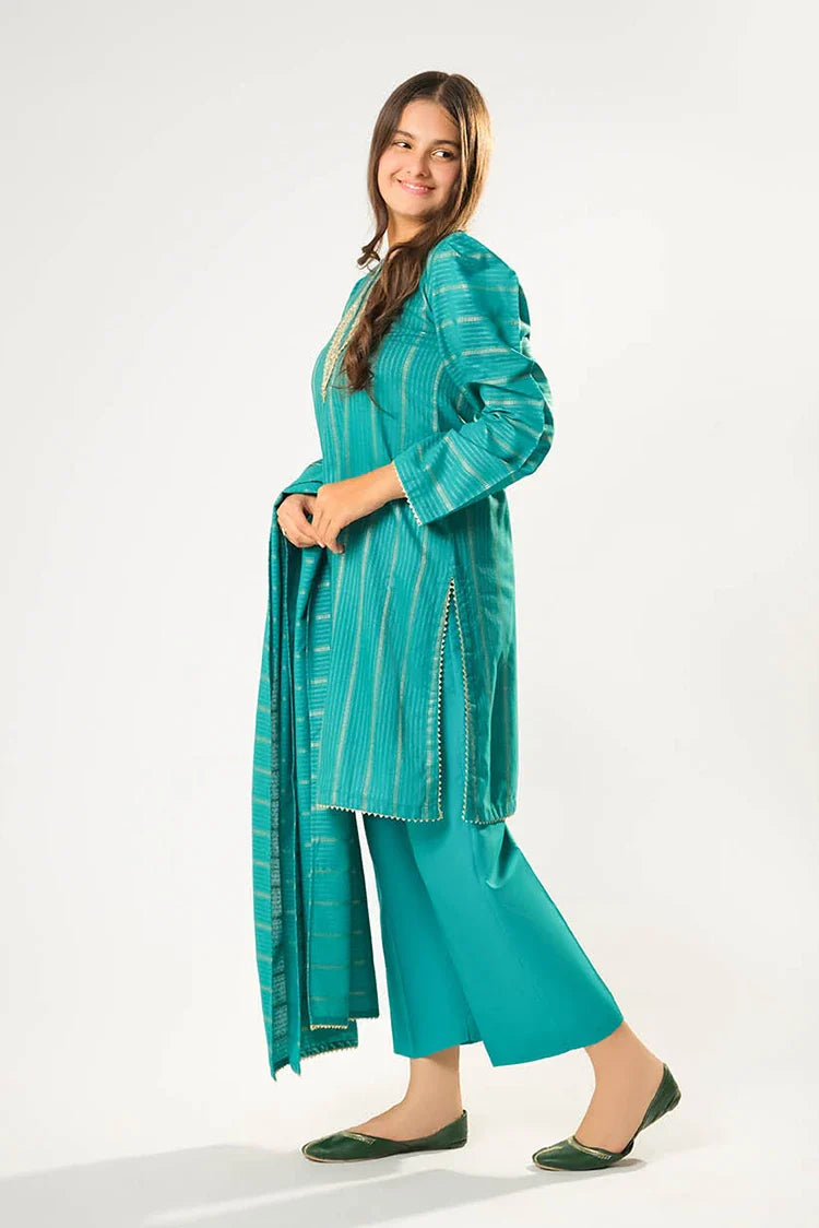 Picture of Girls winter clothes | Turquoise Green & Gold | Casual 3 Piece Suit | Cotton Karandi Dobby | GAD-03214 - Available at Raja Sahib
