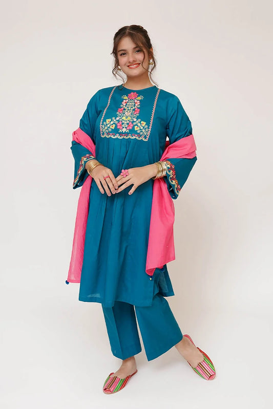 Senorita - Girls Casual Dress - Casual 3 Piece Suit  - Cotton Plain Embroidery - GAD-03413