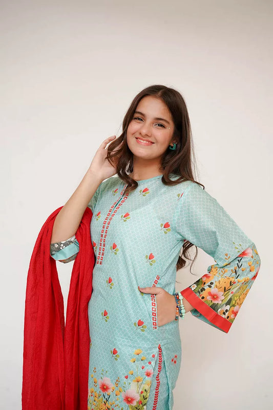 Picture of Senorita - Girls Eid Dress - Sea Green & Multicolor - Casual 3 Piece Suit - GAD-03474 - Available at Raja Sahib