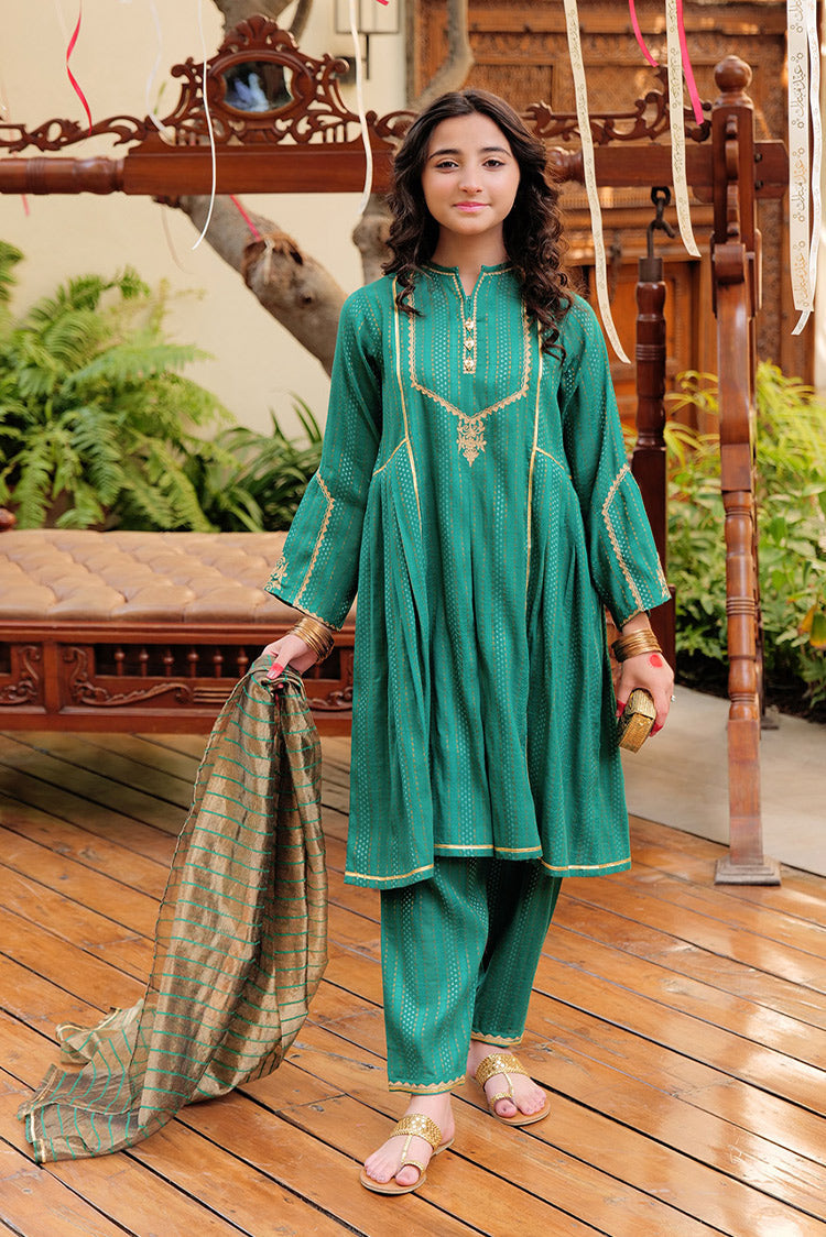 Picture of Senorita - GBD-02629 | Turquoise Green & Golden | Casual Plus 3 Piece Suit | Cotton Dobby Jacquard - Available at Raja Sahib