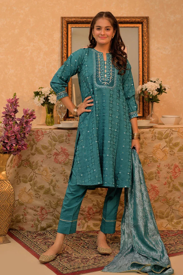 Picture of GBD-02864 | Turquoise Blue & Gold | Casual Plus 3 Piece Suit | Cotton Viscose Filament Jacquard - Available at Raja Sahib