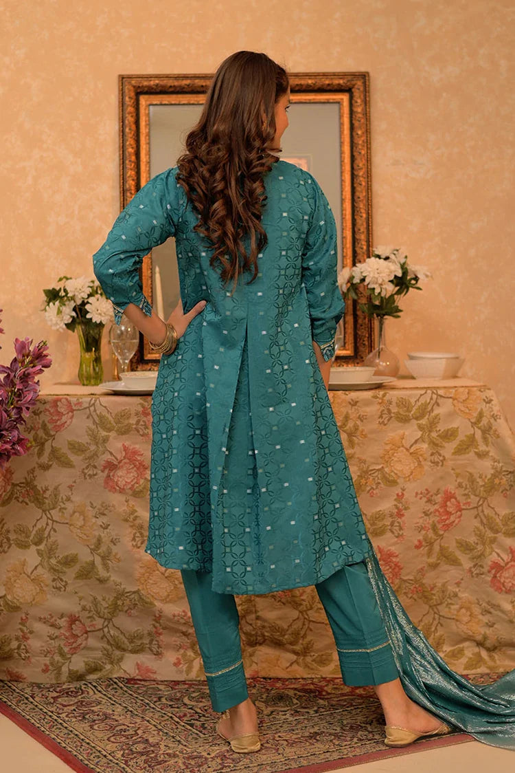 Picture of GBD-02864 | Turquoise Blue & Gold | Casual Plus 3 Piece Suit | Cotton Viscose Filament Jacquard - Available at Raja Sahib
