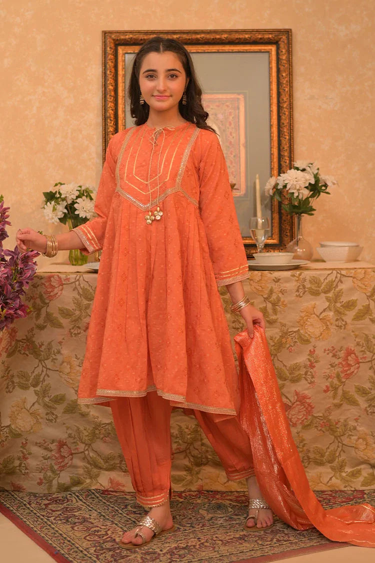 Picture of GBD-02890 | Orange & Gold | Casual Plus 3 Piece Suit | Viscose Cotton Filament Jacquard - Available at Raja Sahib
