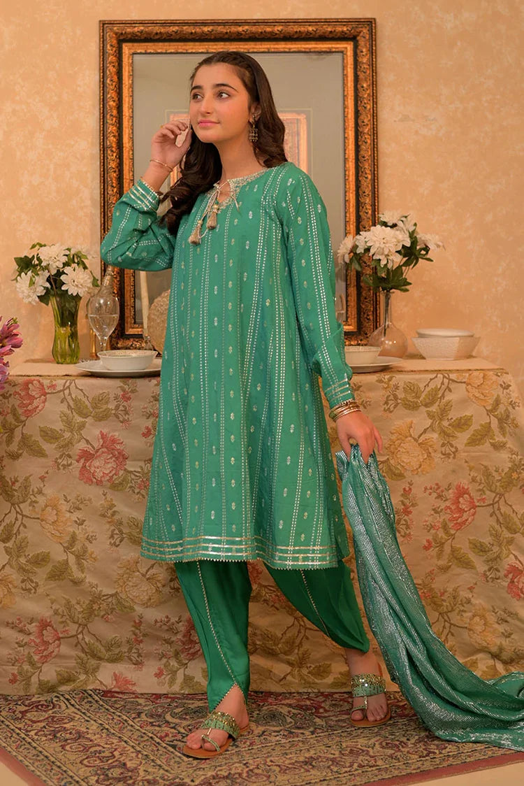 Picture of GBD-02891 | Turquoise Green & Gold | Casual Plus 3 Piece Suit | Viscose Cotton Filament Jacquard - Available at Raja Sahib