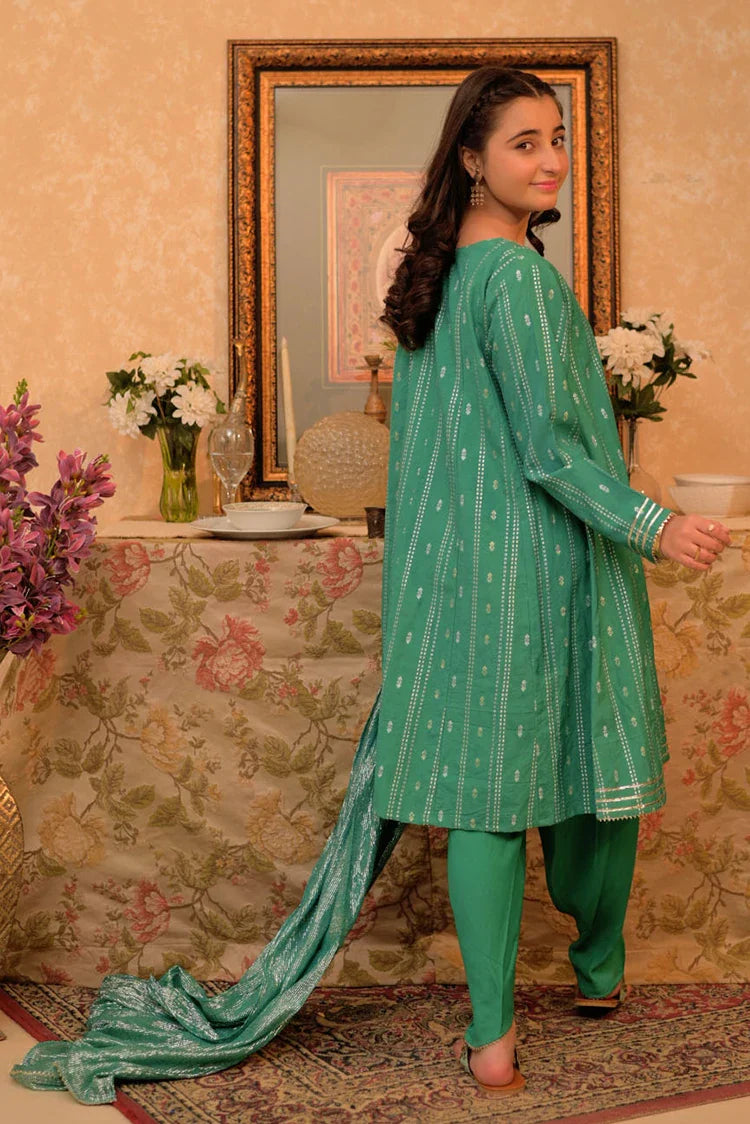 Picture of GBD-02891 | Turquoise Green & Gold | Casual Plus 3 Piece Suit | Viscose Cotton Filament Jacquard - Available at Raja Sahib