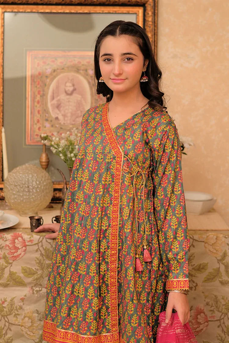 Picture of GBD-02953 | Bottle Green & Multicolor | Casual Plus 3 Piece Suit | Cotton Lawn Gold Printed - Available at Raja Sahib