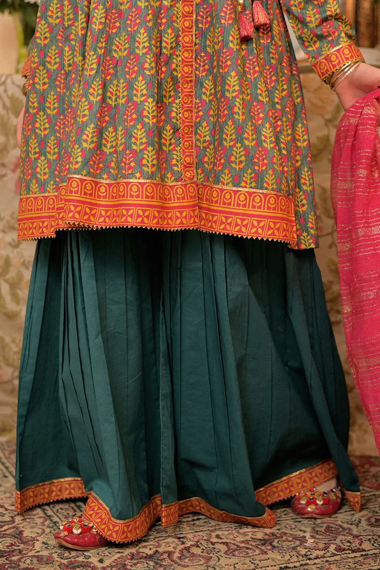 Picture of GBD-02953 | Bottle Green & Multicolor | Casual Plus 3 Piece Suit | Cotton Lawn Gold Printed - Available at Raja Sahib