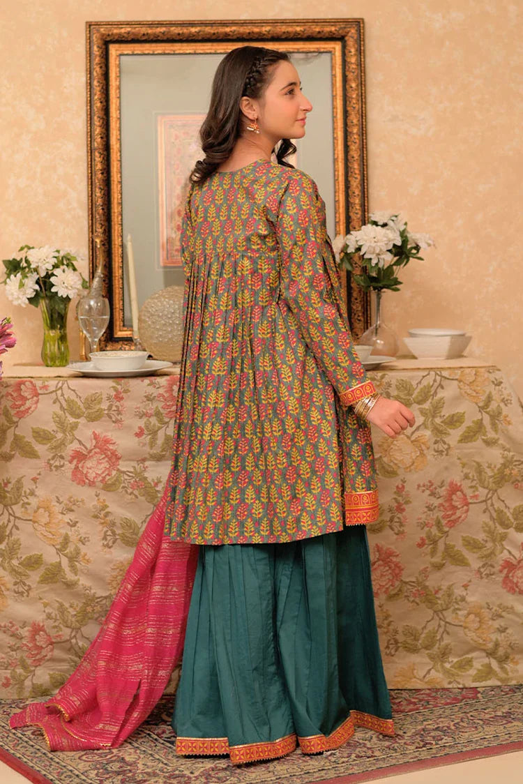 Picture of GBD-02953 | Bottle Green & Multicolor | Casual Plus 3 Piece Suit | Cotton Lawn Gold Printed - Available at Raja Sahib