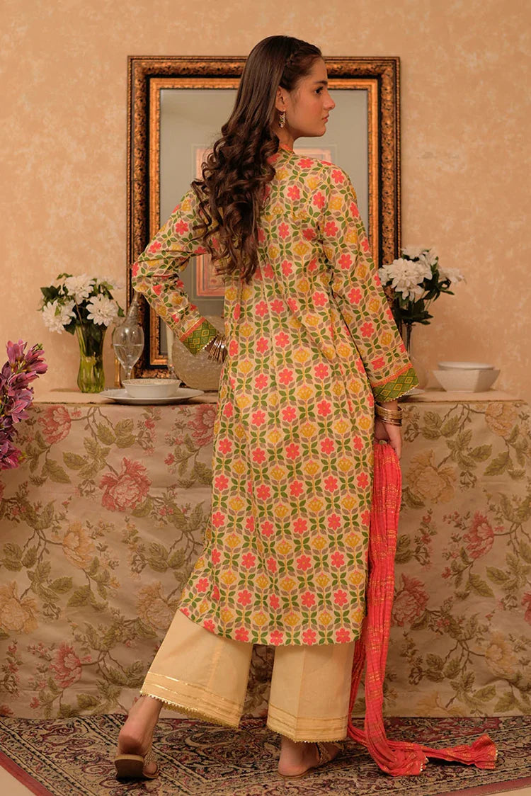Picture of GBD-02954 | Fawn & Multicolor | Casual Plus 3 Piece Suit | Cotton Lawn Gold Printed - Available at Raja Sahib
