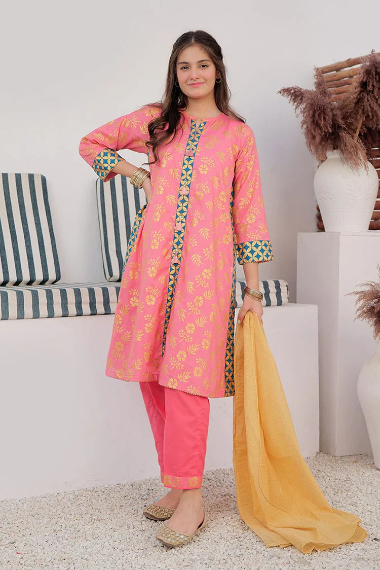 Picture of GBD-02980 | Peach & Gold | Casual Plus 3 Piece Suit | Cotton Dobby Gold Print - Available at Raja Sahib