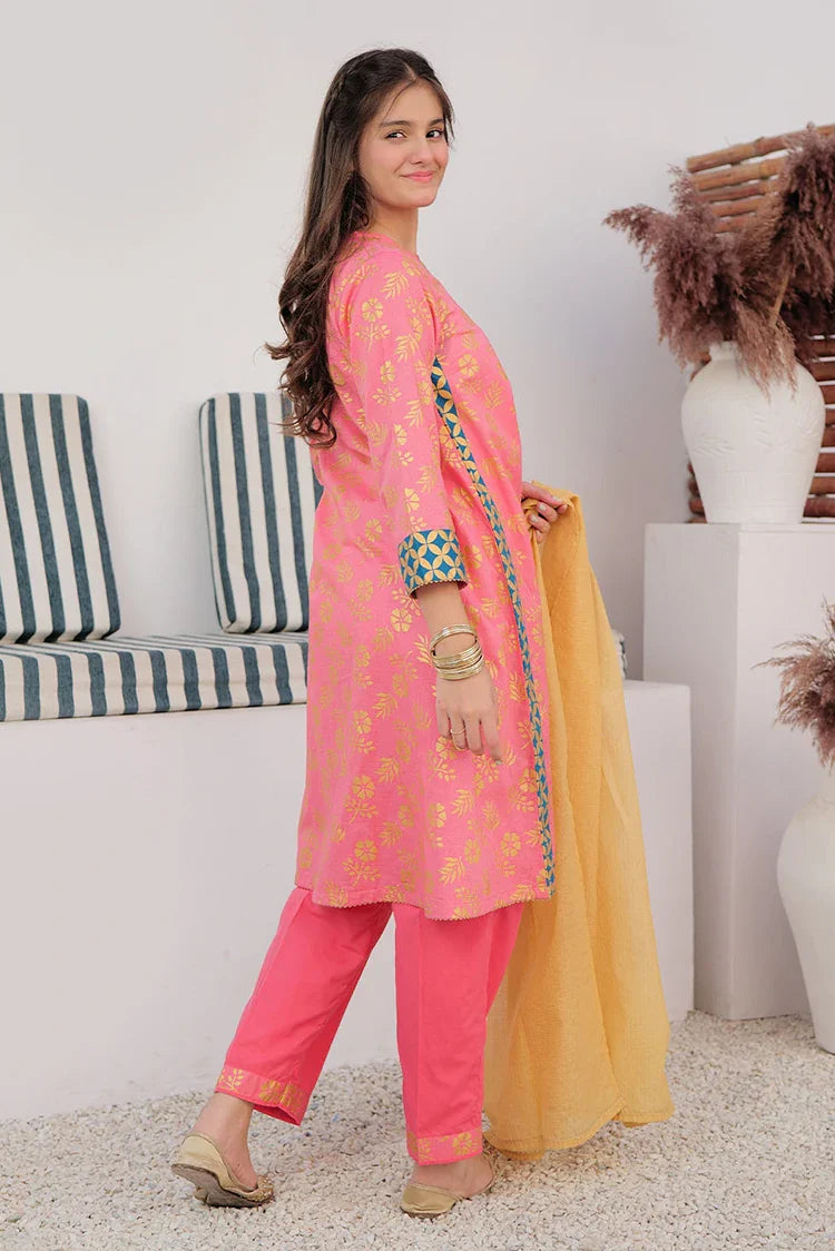 Picture of GBD-02980 | Peach & Gold | Casual Plus 3 Piece Suit | Cotton Dobby Gold Print - Available at Raja Sahib