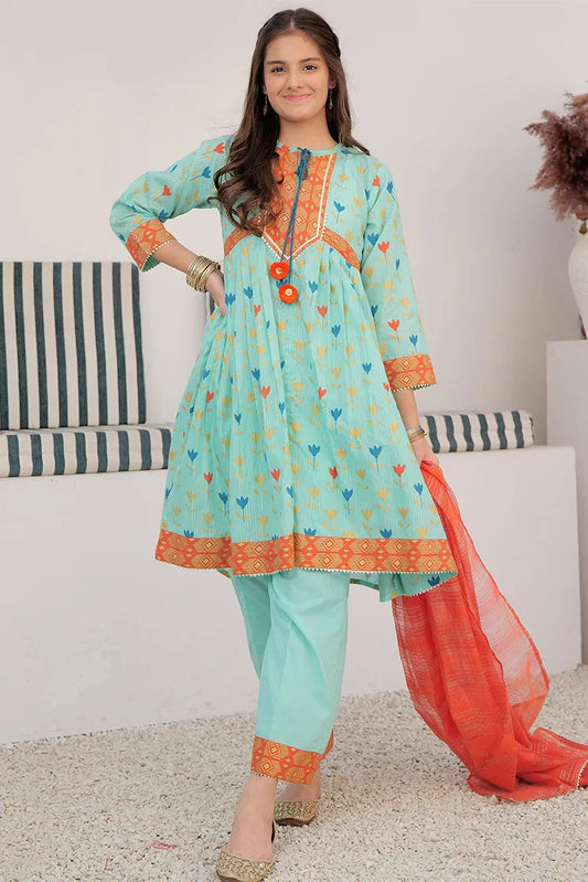 Picture of GBD-03003 | Sea Green & Muliticolor | Casual Plus 3 Piece Suit | Cotton Dobby Dye over Gold Print - Available at Raja Sahib