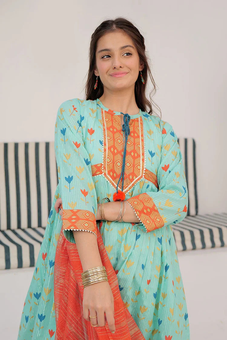 Picture of GBD-03003 | Sea Green & Muliticolor | Casual Plus 3 Piece Suit | Cotton Dobby Dye over Gold Print - Available at Raja Sahib