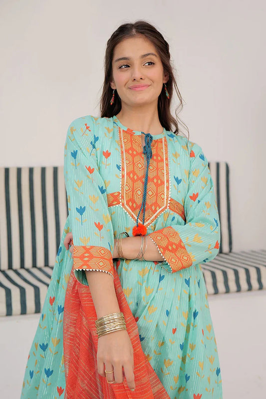 Picture of GBD-03003 | Sea Green & Muliticolor | Casual Plus 3 Piece Suit | Cotton Dobby Dye over Gold Print - Available at Raja Sahib