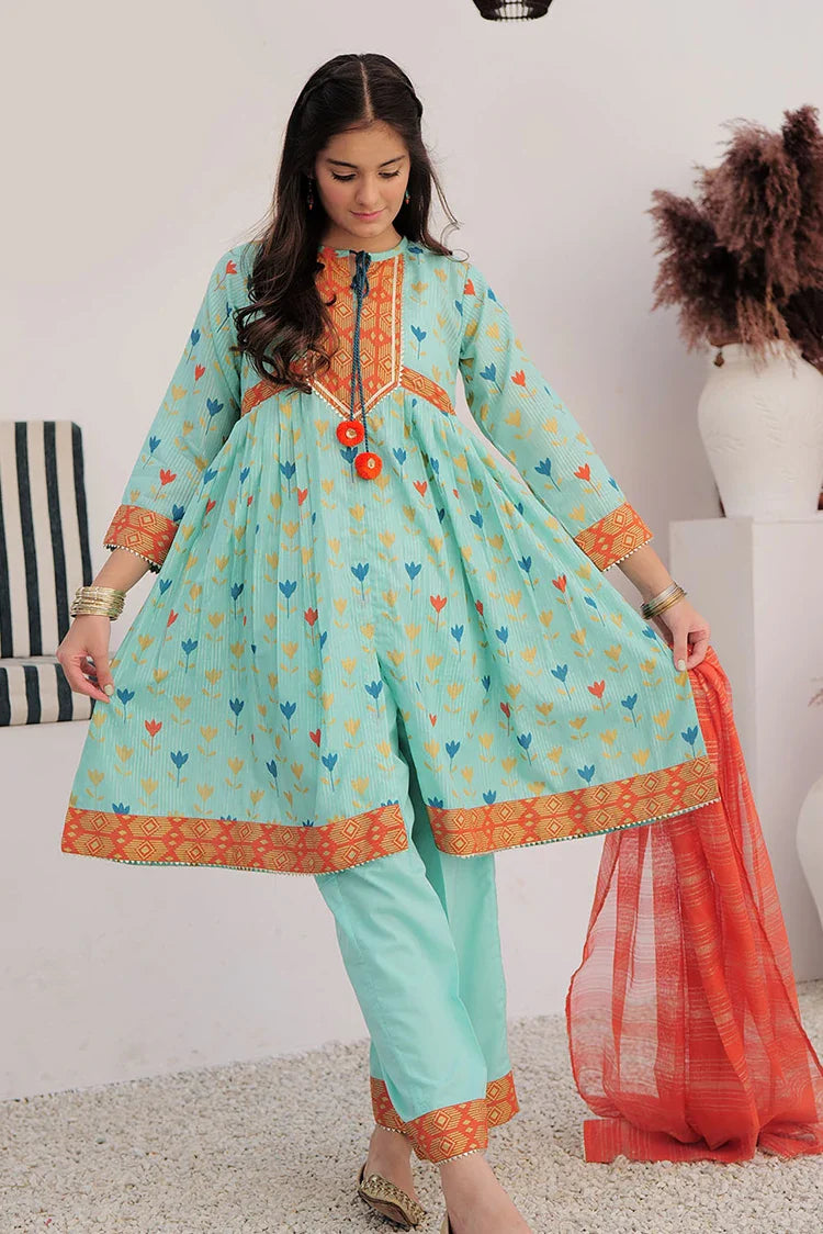 Picture of GBD-03003 | Sea Green & Muliticolor | Casual Plus 3 Piece Suit | Cotton Dobby Dye over Gold Print - Available at Raja Sahib