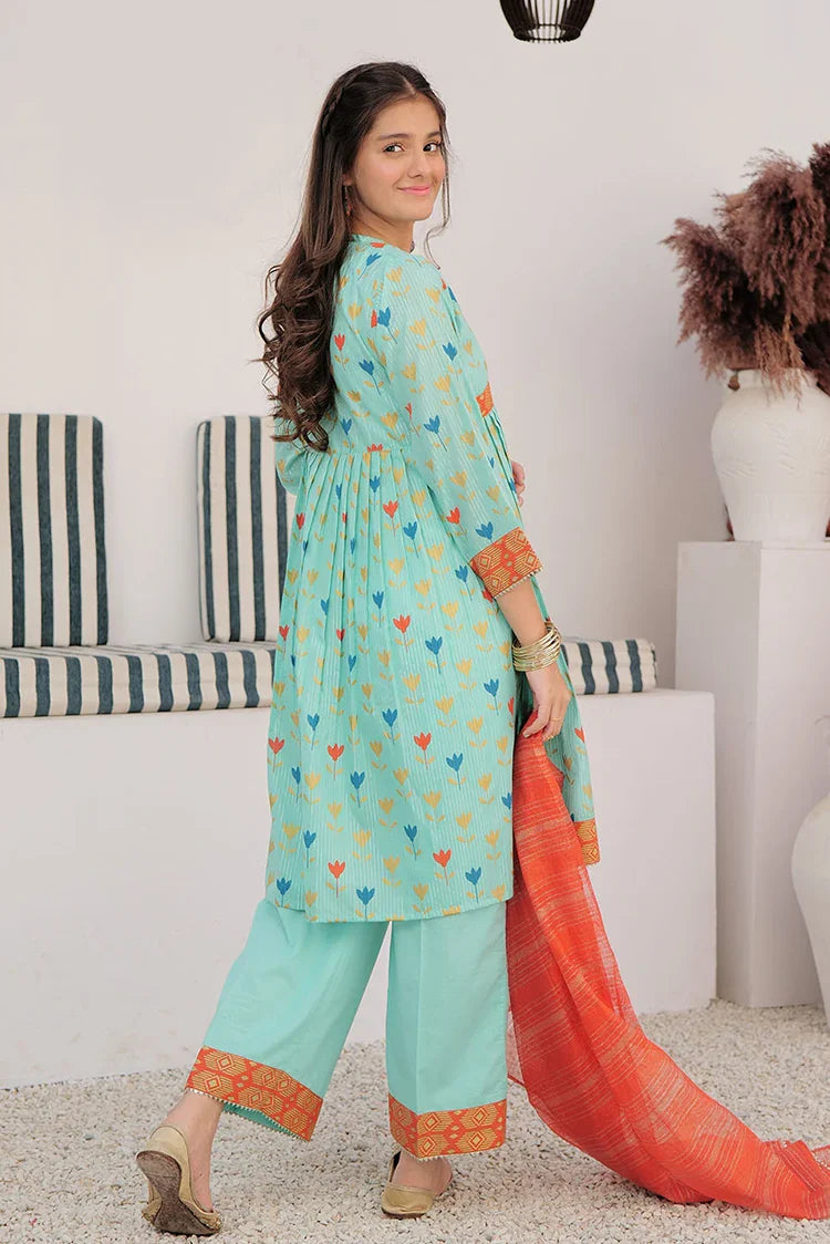 Picture of GBD-03003 | Sea Green & Muliticolor | Casual Plus 3 Piece Suit | Cotton Dobby Dye over Gold Print - Available at Raja Sahib