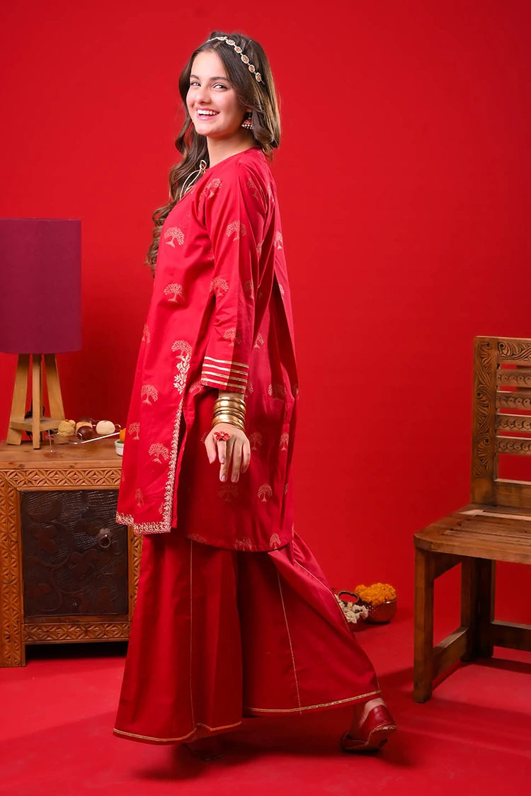 Picture of Senorita - Girls Eid Dress - Red & Gold - Casual Plus 3 Piece Suit - GBD-03374 - Available at Raja Sahib