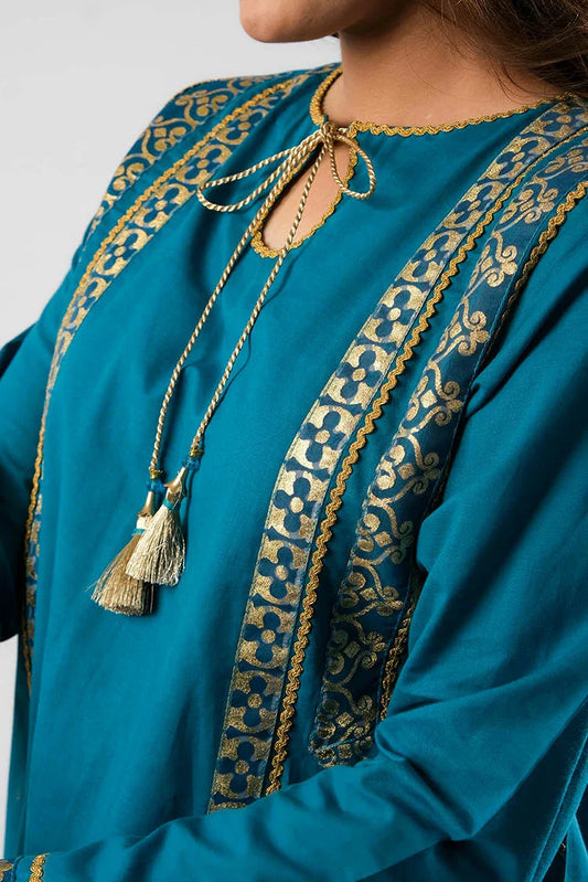 Picture of Senorita - Blue & Gold - Casual Plus 3 Piece Suit - Cotton Foil Printed - GBD-03397 - Available at Raja Sahib