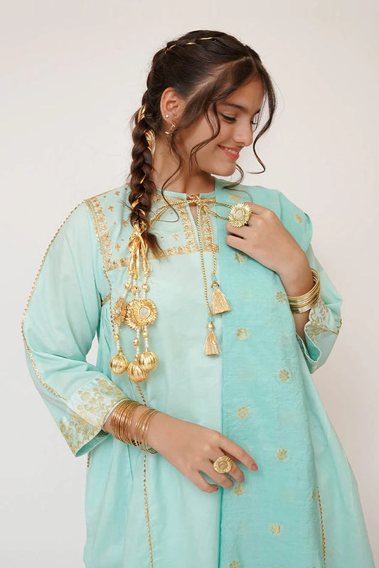 Picture of Senorita - Girls Casual Dress - Casual Plus 3 Piece Suit - Cotton Plain with Banarsi Borders - GBD-03444 - Available at Raja Sahib