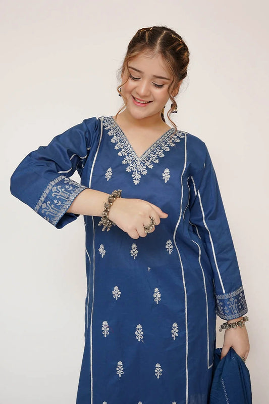 Picture of Senorita - Girls Casual Dress - Casual Plus 3 Piece Suit - Cotton Plain with Banarsi Borders - GBD-03456 - Available at Raja Sahib